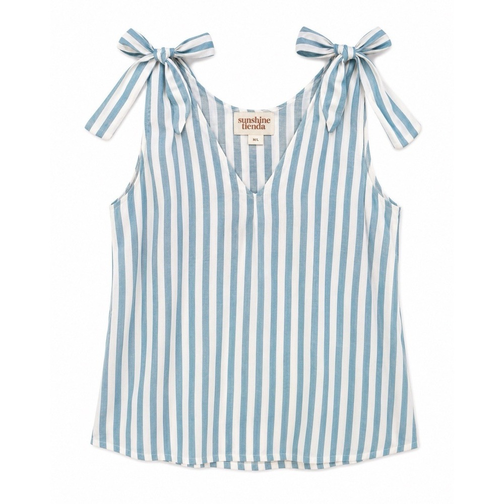 Sunshine Tienda Top M/L Blue White Stripe Coastal Chic Cottagecore Tie Strap